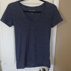 Blue and White Striped V-Neck Short Sleeve